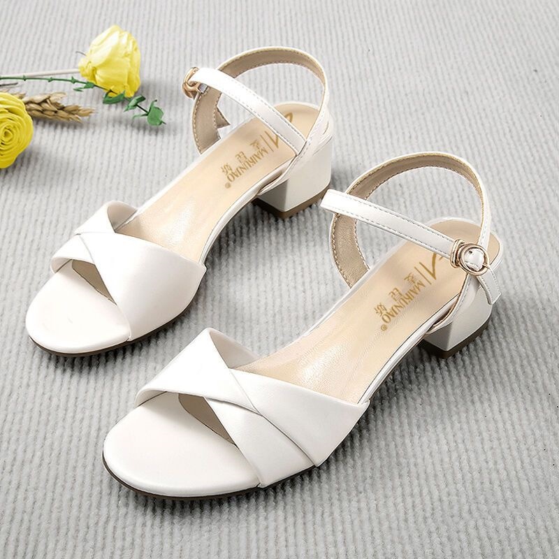 Women's summer sandals with cowhide sole, open toe, square heel, buckle strap, 2026 new summer style, medium heel, soft sole, versatile fashion sandals Women's summer sandals with cowhide sole, open toe, square heel, buckle strap, 2026 new summer style, medium heel, soft sole, versatile fashion sandals