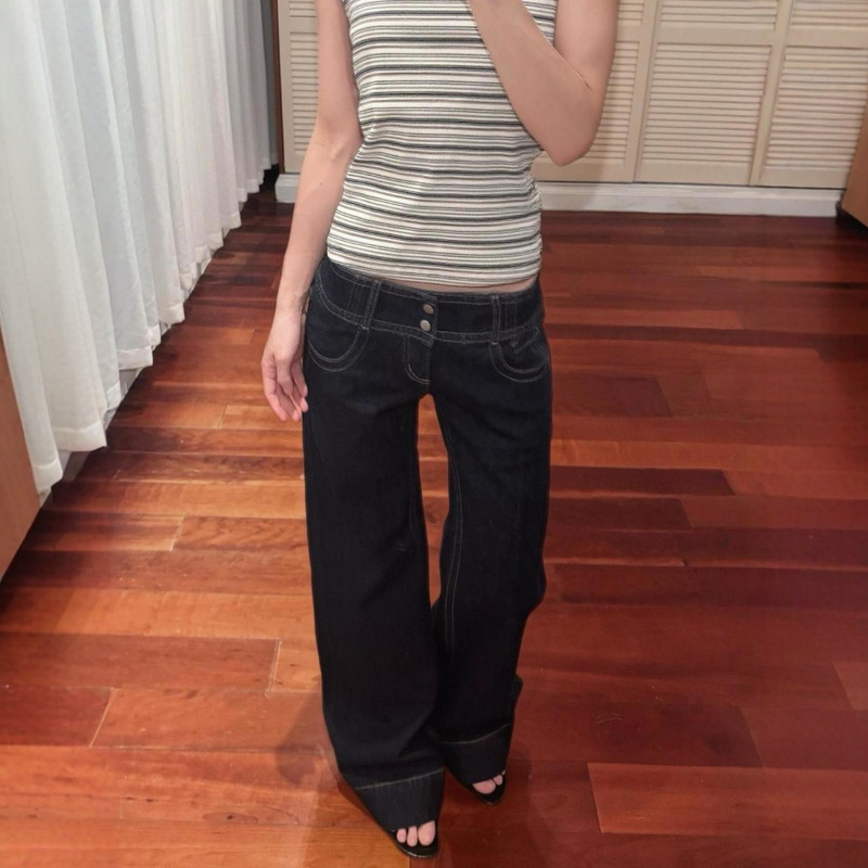 American Retro Washed Button Design Jeans for Women, Low-Rise Straight Loose Straight-Leg Drapey Pants Cross-Border