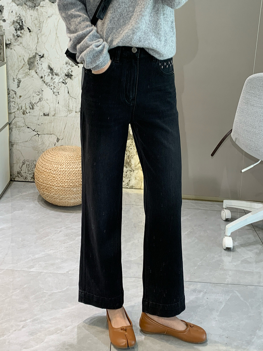 Slimming effect! Black and gray four-way stretch straight-leg jeans, high-waisted, cropped, and suitable for petite women, perfect for autumn