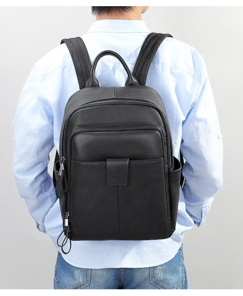 Ba lô da bò thật cho nam phong cách đường phố, đựng vừa laptop 14 inch, dung tích dưới 20L — Màu đen chi tiết 15