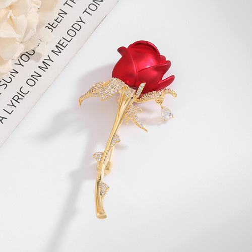 Korean retro atmospheric zircon corsage high-end zircon pin coat coat jewelry red rose brooch for women