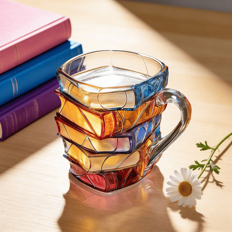 Cross-Border High Borosilicate Crystal Glass Cup, Book-Shaped Cup, High Aesthetic Value, Hand-Painted Mug for Home Use, Coffee Cup