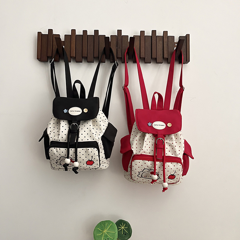 Fresca y encantadora mochila de cereza para niños y niñas, mochila de escolares, mochila de niños con cuerda de extracción