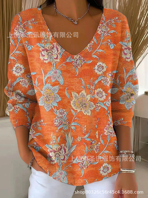 欧美跨境独立站新款3D印花女士时尚渐变色V领长袖T恤上衣|undefined