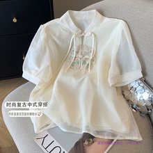 新中式国风雪纺刺绣衬衫女夏季新款衬衣短袖盘扣小衫立领提花上衣