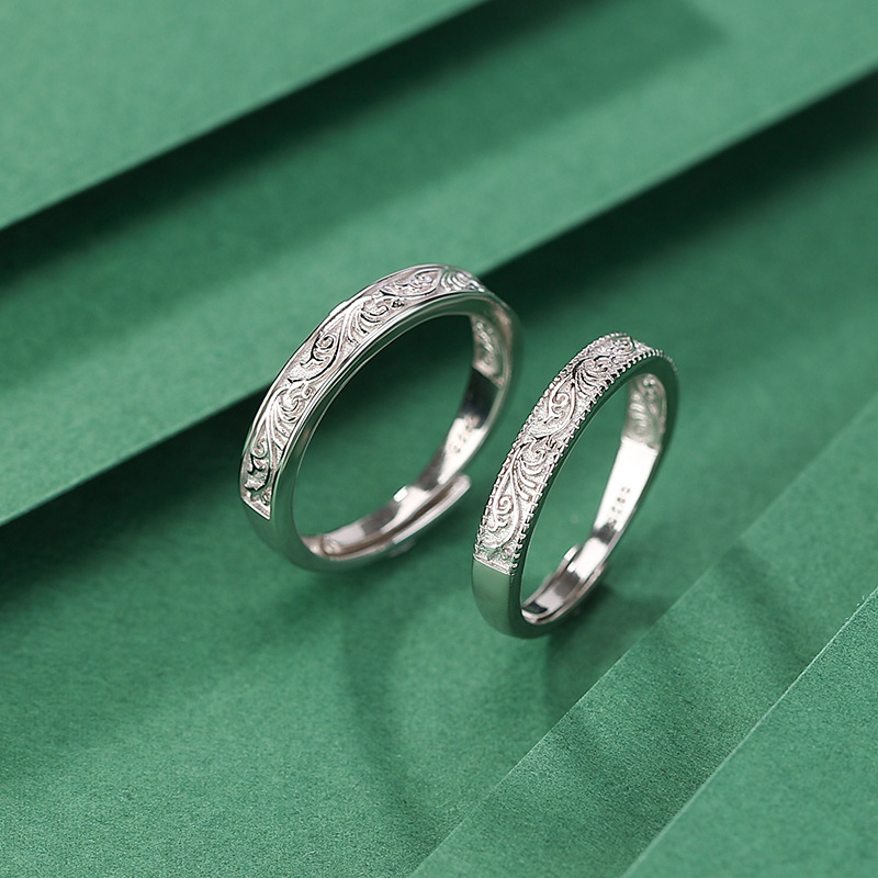 Nhẫn đôi bạc S925 phong cách dân tộc họa tiết cỏ Đường tốt lành — Nam (Khoảng 2.7 gram)