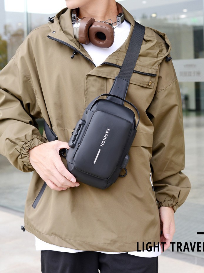 Carga USB explosión de estilo de moda de tramo oblicuo mochila deportiva anti-robo mochila pequeña multifuncional contraseña bloqueo bolso de pecho