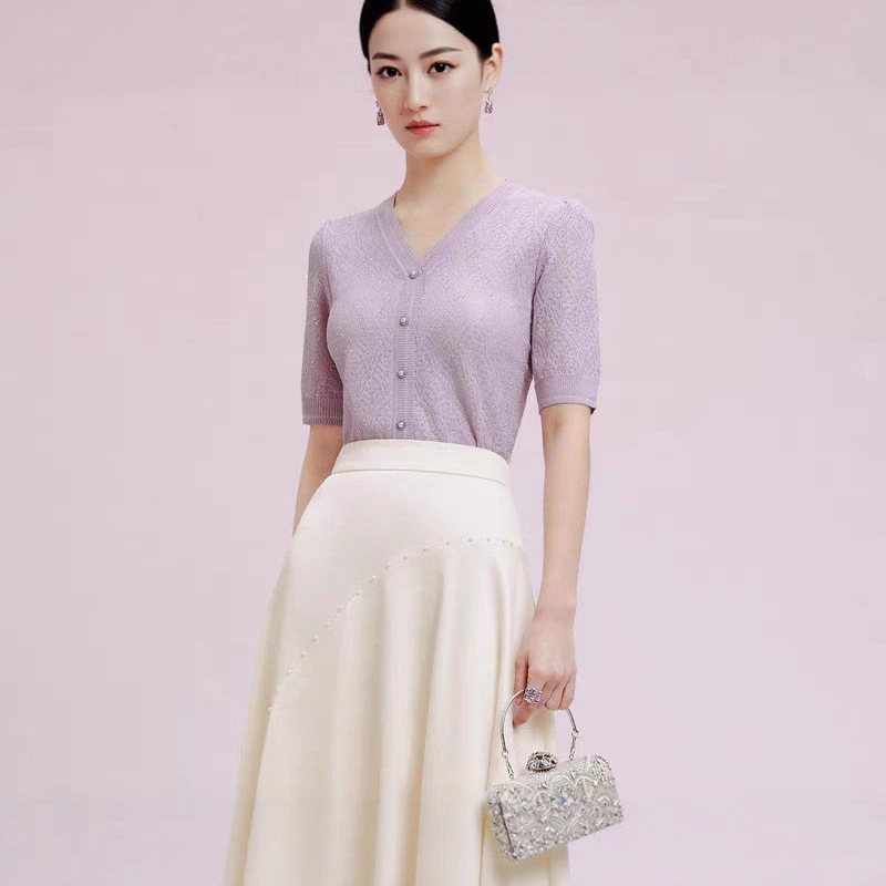 2025 Summer New Style V-Neck Knitted Cardigan Summer Washi Yarn Commuter Style Knitwear