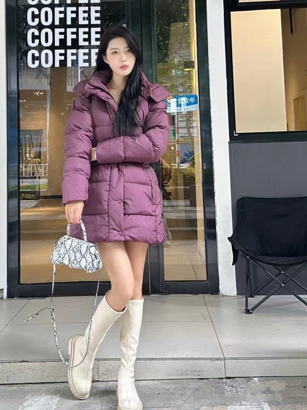 25新款女式腰带中长款连帽羽绒服收腰显瘦美腿羽绒外套大衣|undefined