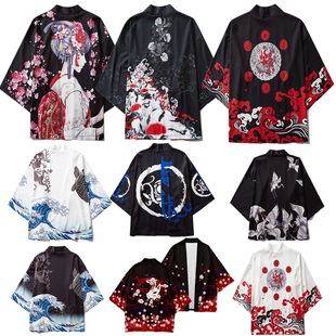 Factory Direct Sale Japanese Ukiyo-E Sea Carp Creative Wave Kimono Cloak Haori Cosplay Robe for Men