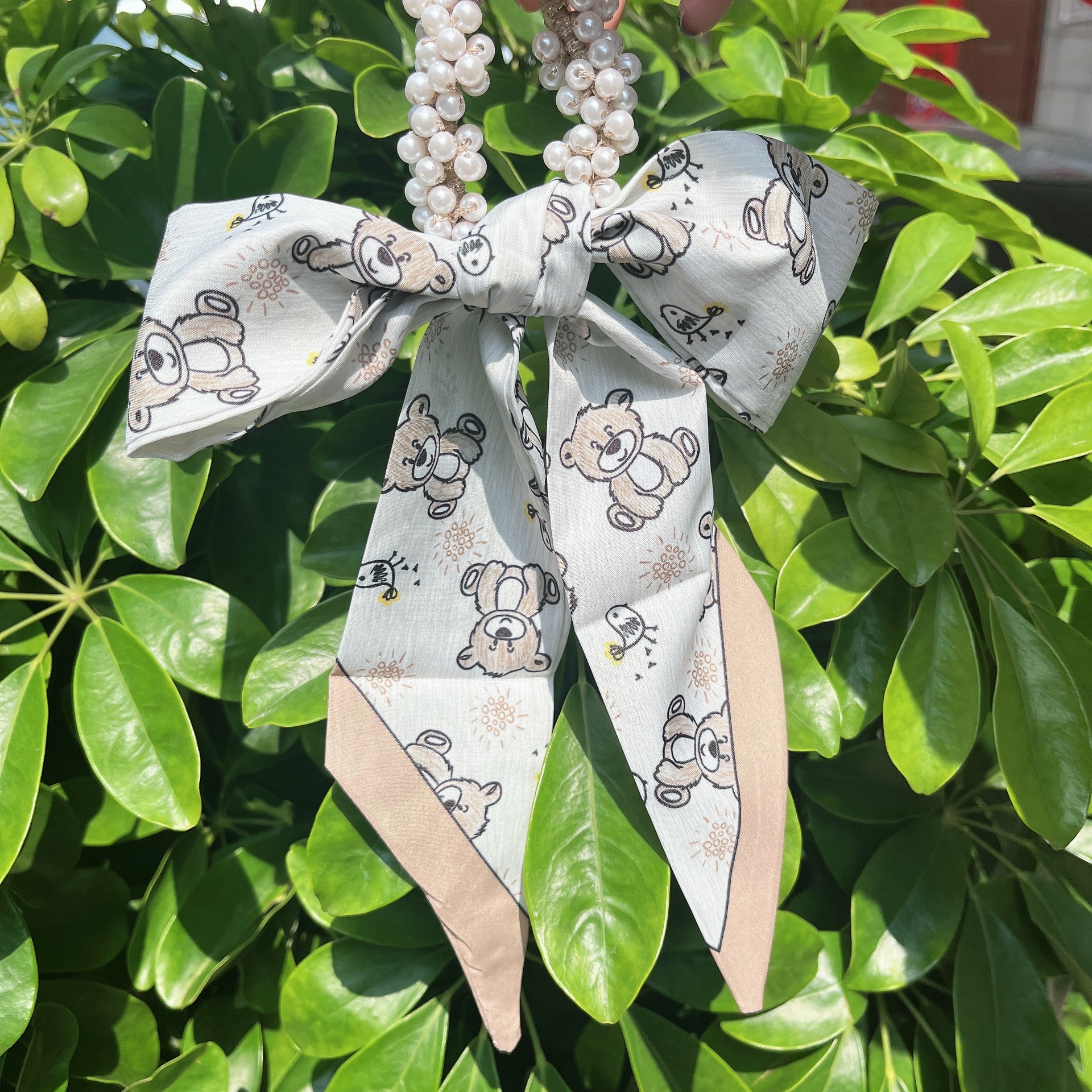 Banda de pelo de bufanda de seda para mujer corbata de pelo fino de verano de perlas cinta de arco Hada cuerda de pelo de todo fósforo estilo coreano accesorios para el cabello al por mayor