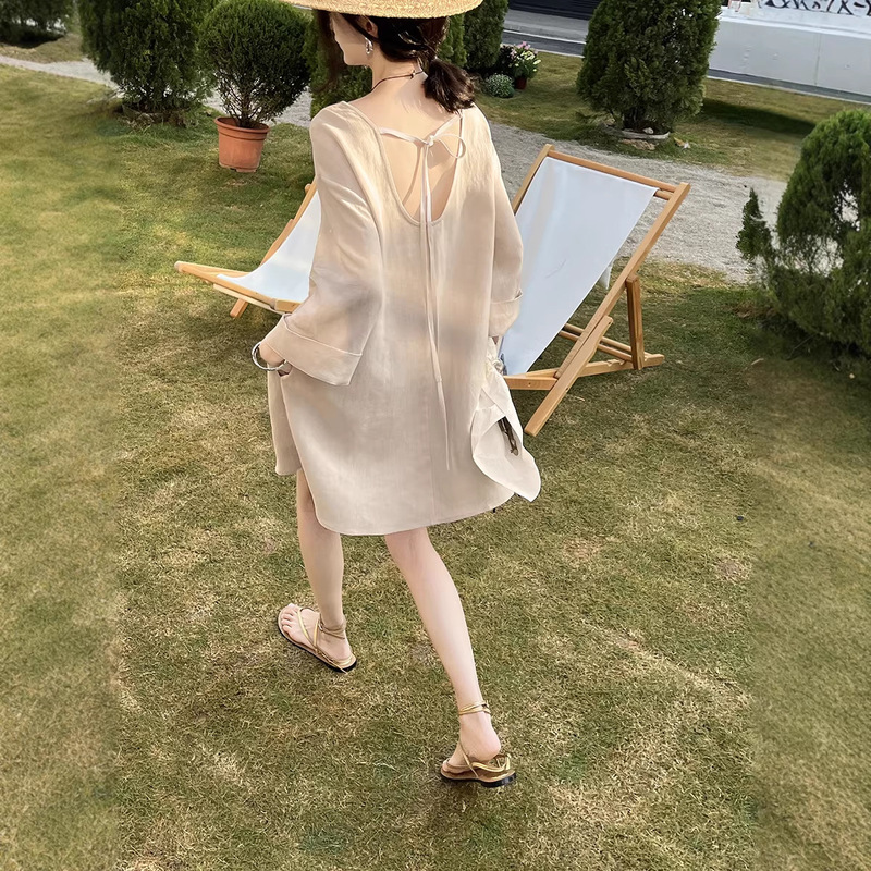 [No Returns or Exchanges] Spring New French-Style Draped Back U-Neck Dress with Tie Straps and Roll-Up Sleeves, A-Line Dress Lya759