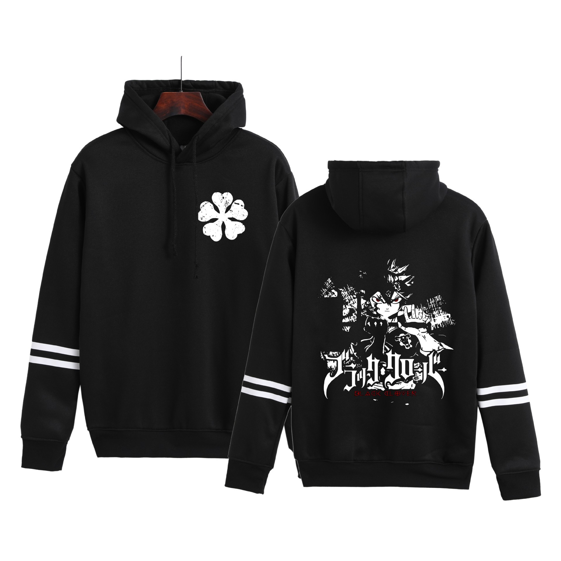 Trébol de cuatro hojas negro transfronterizo Black Clover hombres y mujeres pareja en contraste suéter con capucha de moda