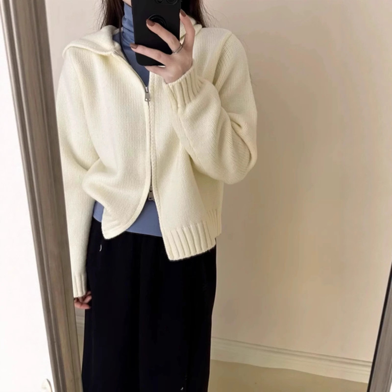 Korean Super Beautiful 100% Pure Wool Hooded Knitwear Women's Spring & Fall Loose Knitwear Cardigan Double Zipper Sweatshirt Jacket