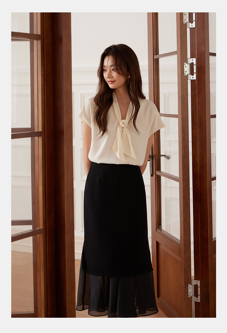 起范 法式V领飘带雪纺衬衫女短袖2024夏季新品气质优雅上衣82568 pic 9