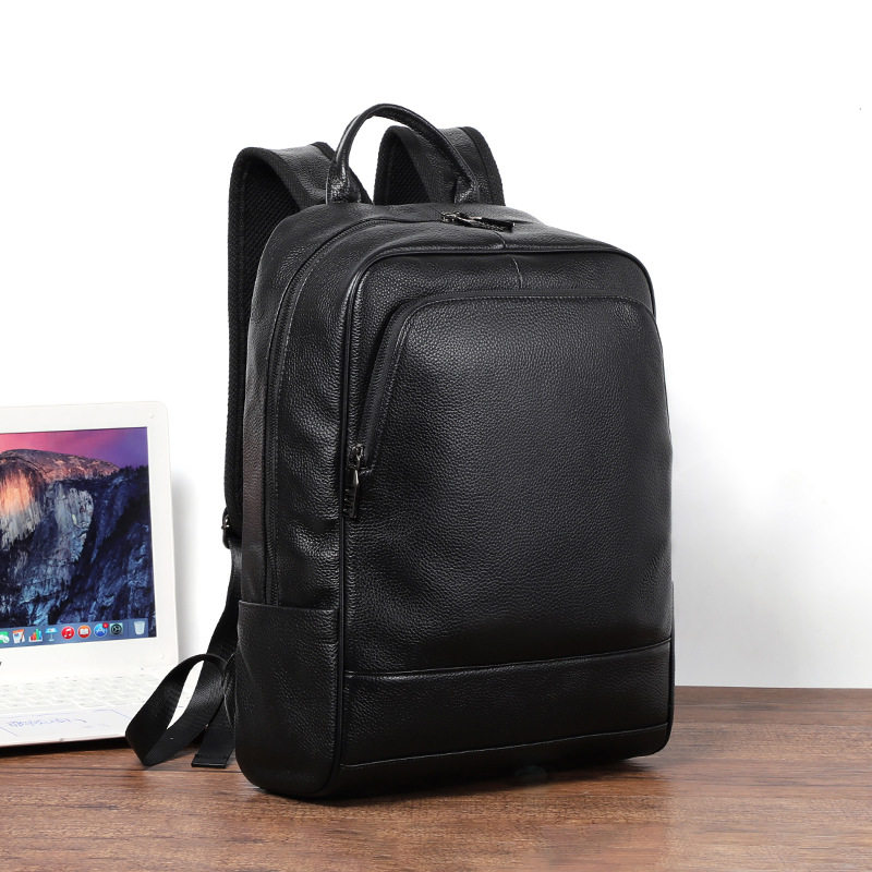 Ba lô nam da bò lớp đầu tiên đơn giản, túi đựng laptop đi học đi làm du lịch 42×32×12 cm — Màu đen