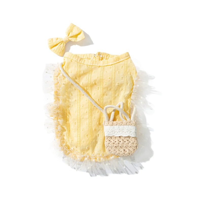 Primavera y verano princesa tranquila idílica tejida mochila chaleco gato dos pies de encaje falda de ropa de perro mascota