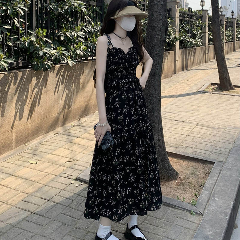 Đầm maxi nữ thắt eo xẻ tà dài phong cách trà chiều — đen chi tiết 1