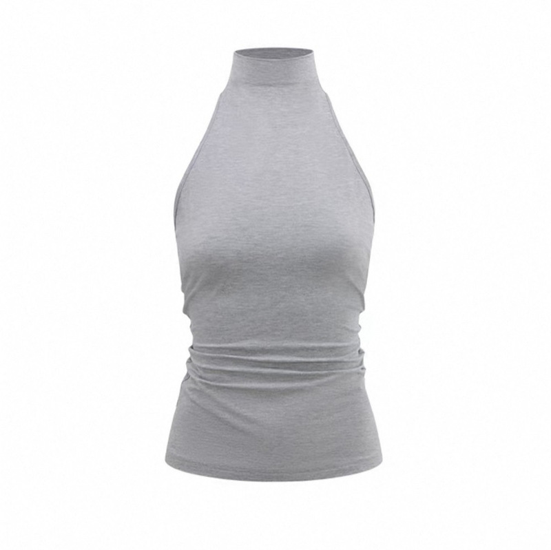 "Walking" Small High Collar Dig Shoulder Vest Summer Sleeveless Top Black/Light Grey