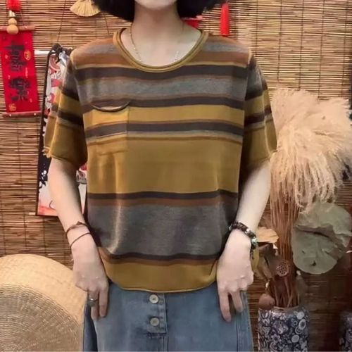 Spring and Summer Retro Striped Crew Neck Knit Top for Women Loose and Slimming Versatile Short-Sleeve T-Shirt Base Top