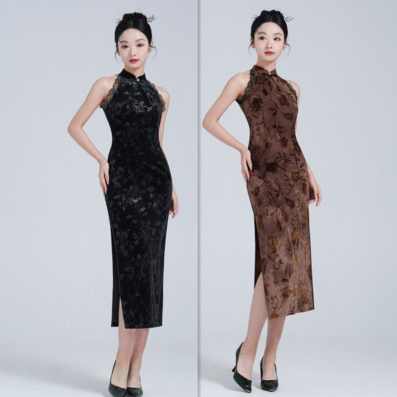 Velvet V-Neck Long-Sleeve Sexy Cheongsam 2025 Spring Summer New Arrival Modified Chinese Style Young Lady Cheongsam Dress