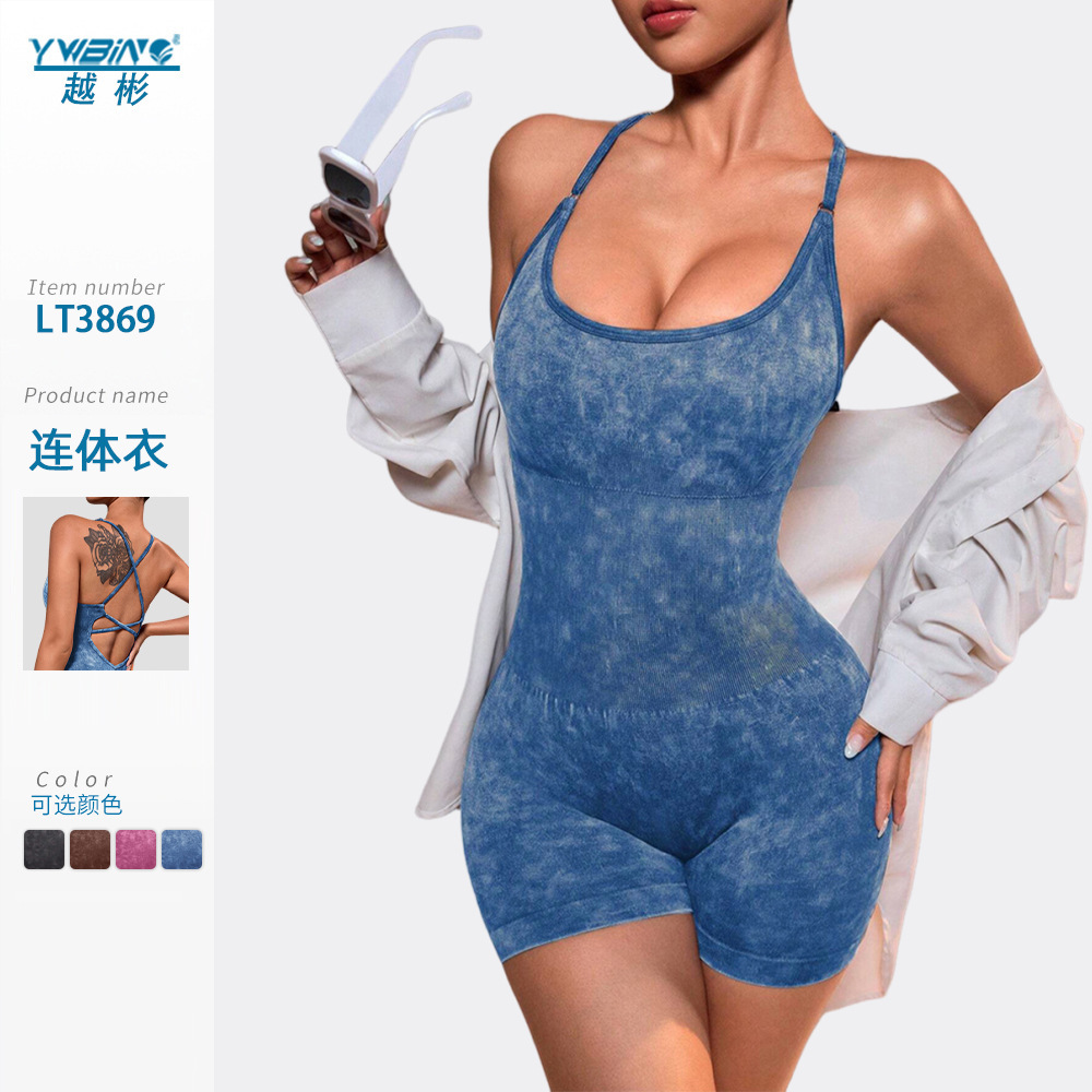 Europa y los Estados Unidos sin costuras esmeriladas, sexy, camiseta de mel, camiseta de acondicionamiento físico de secado rápido, ropa de yoga de espalda hermosa en una sola pieza