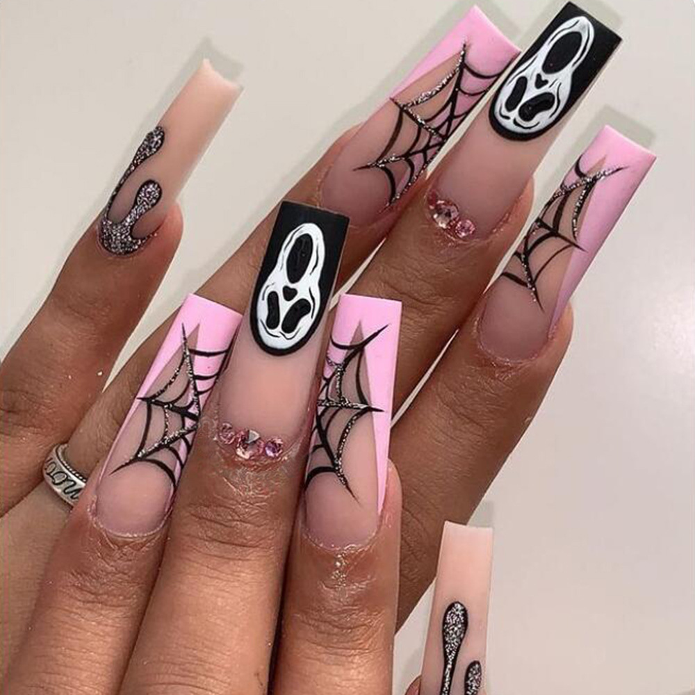 Pegatinas de uñas de calavera de Halloween con telaraña oscura, 24 piezas, uñas postizas misteriosas de estilo largo.