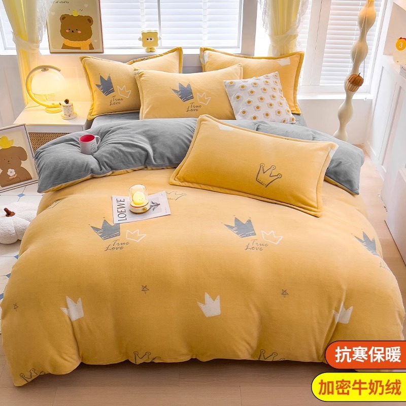 Cama de terciopelo de leche de cuatro piezas, doble cara de invierno más brida de terciopelo, sábana de terciopelo de coral, funda de edredón, ropa de cama de felpa de tres piezas
