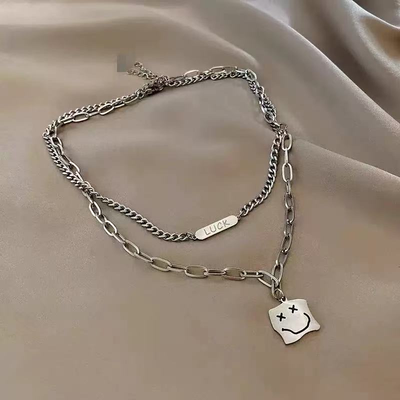 Double-Layer Letter Smiley Face Children's Necklace Men's Niche Design Sweater Chain Women's Trendy Versatile Street Dance Runway Accessory