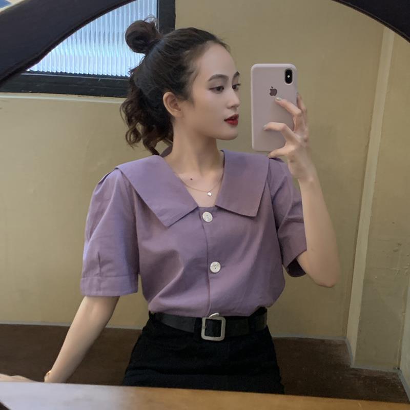 French Short-Sleeved Shirt Women's Design Niche Purple Shirt Summer New Temperament Puff Sleeve Top French Short-Sleeved Shirt Women's Design Niche Purple Shirt Summer New Temperament Puff Sleeve Top