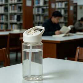 ins 极简风单层透明塑料水杯直筒吸管提手设计学生上学水壶