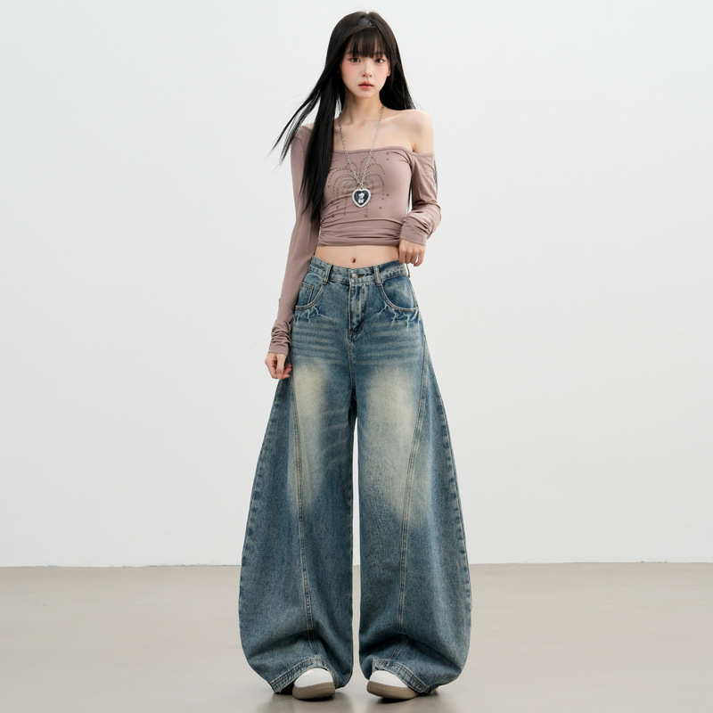 2025 Autumn and Winter Retro Washed Distressed Denim Scimitar Pants Women's High-Waist Slim Versatile Loose Balloon Pants Wide-Leg Pants