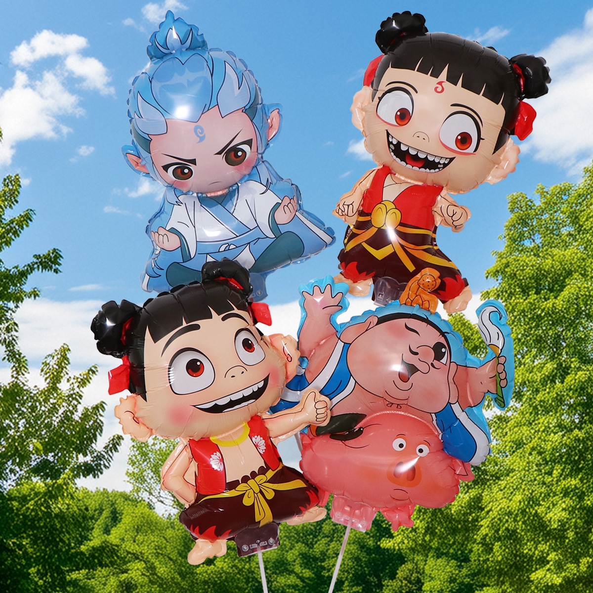 El nuevo globo de clip de película de aluminio en línea Nezha Niño Demonio descendió al mundo para niños de dibujos animados al por mayor globo de mano explosión