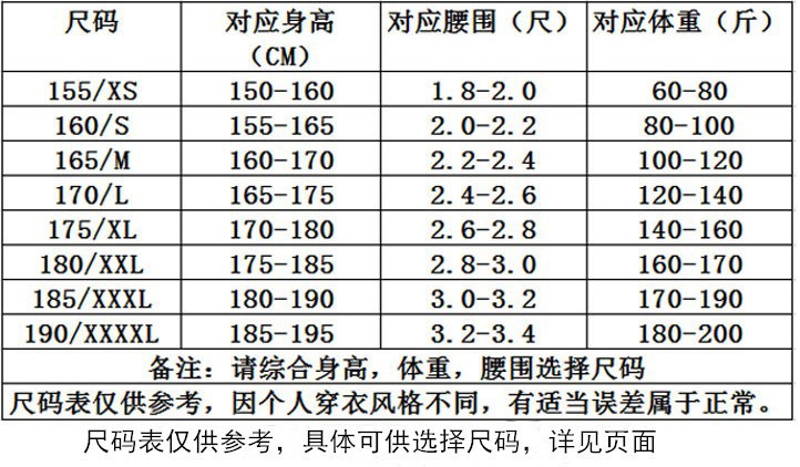 尺码表