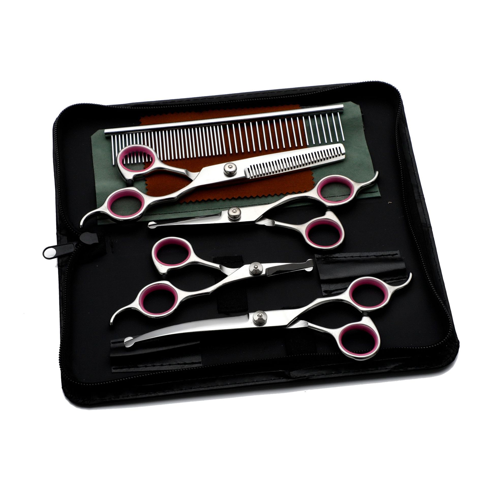 Fábrica al por mayor tijeras para mascotas tijeras de acero inoxidable traje de pelo para mascotas tijeras de corte de pelo curvado tijeras de belleza para mascotas