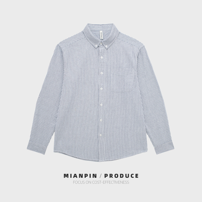 Spring and Autumn cotton long-sleeved shirt pure cotton vertical stripes washed cotton shirt casual slim simple shirt trendy N6619