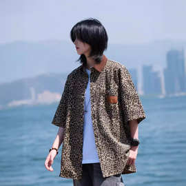 夏季宽松休闲百搭美式复古vintage豹纹短袖潮牌高级外套潮流潮女