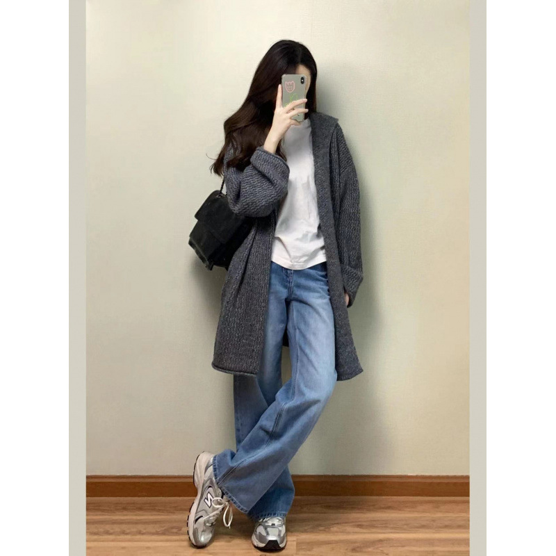 gris medio largo con capuzas con suéter chaqueta de otoño temprano temperamento coreano relajado sensación de cardigan de punto