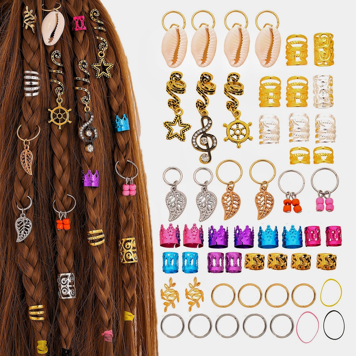 81 accesorios de cuentas trenzadas de metal para el cabello anillo de cabello anillo de cabello resorte conchas hojas de la corona conjunto de accesorios