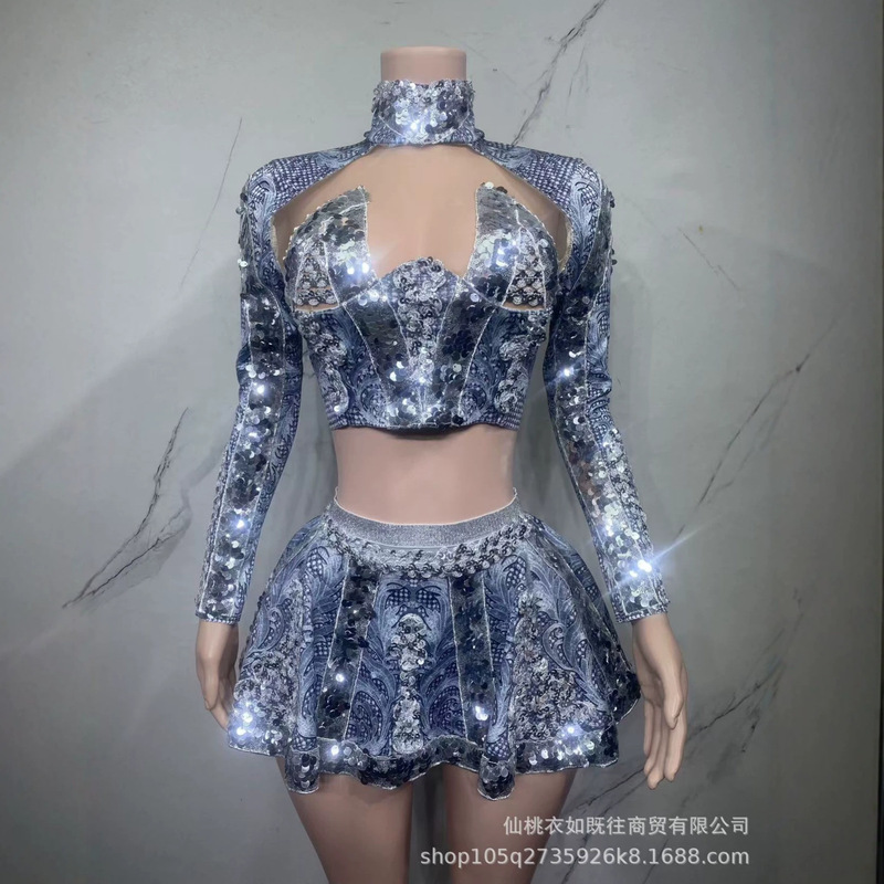 Shiny Sequin Print Backless Mesh Outfit Stage Performance Costume Party Birthday Festival Gathering Holiday Evening Party