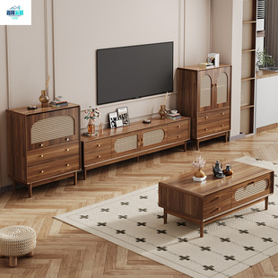 Solid Wood Retro Simple Rattan Tv Cabinet Chinese Style Nordic Small Apartment Frame Living Room Home Coffee Table Tv Cabinet Combination