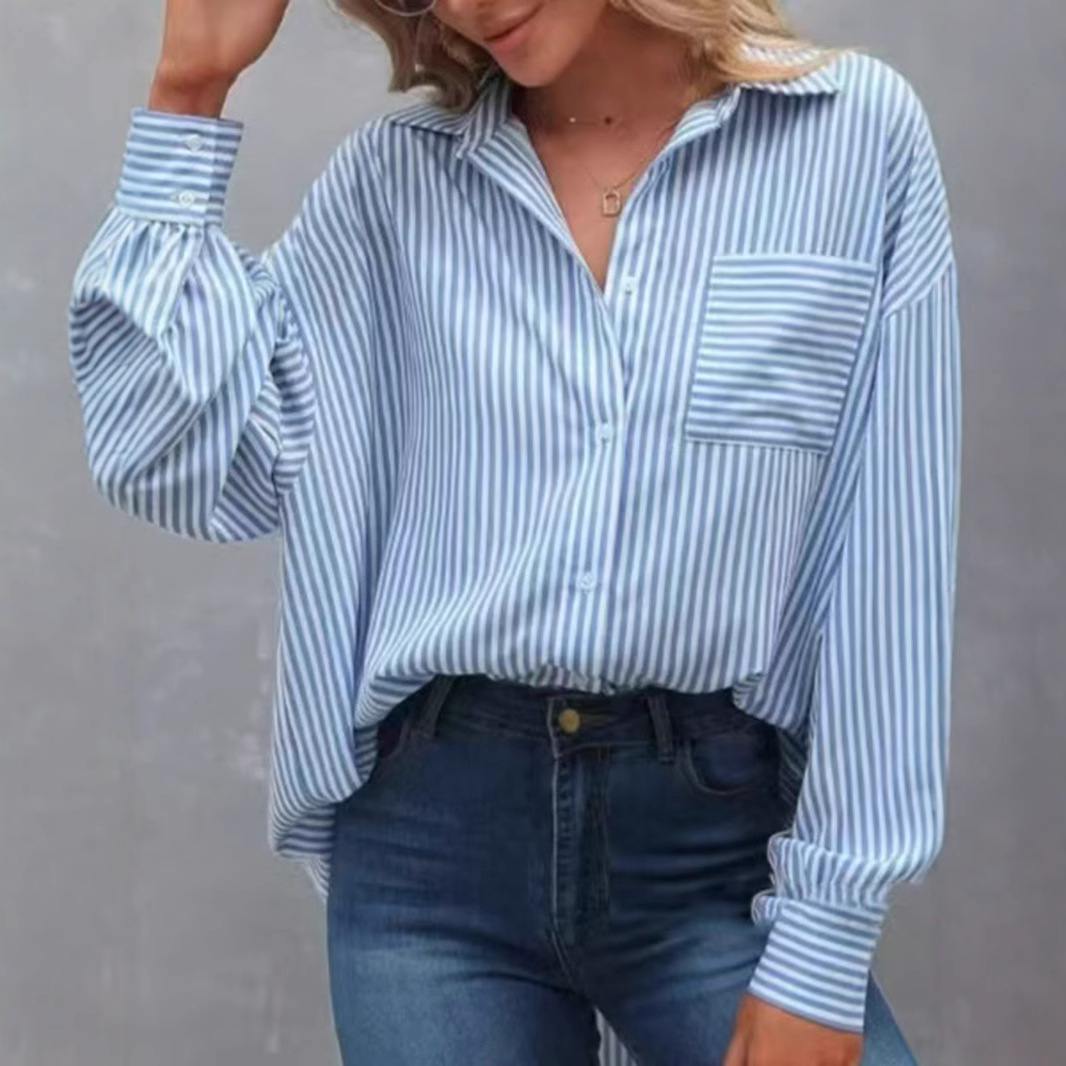 2025 Spring Amazon Cross Border Women's Pocket Loose Top Striped Classic Long Sleeve Work Shirt Top
