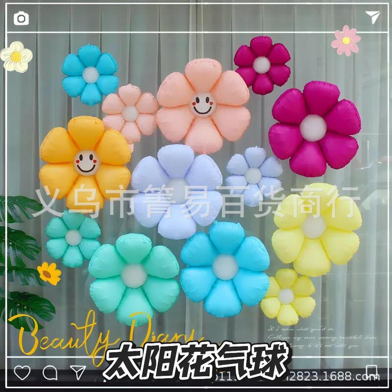 Internet Celebrity Cartoon Daisy Large and Small Macaron Color Smiley Sunflower Balloon Round Aluminum Foil Birthday Decoration