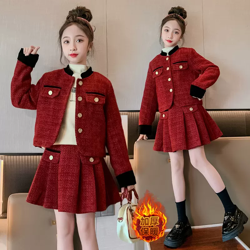 女童小香风套装秋冬款儿童红色连衣裙2024新年衣服冬装过年服裙子