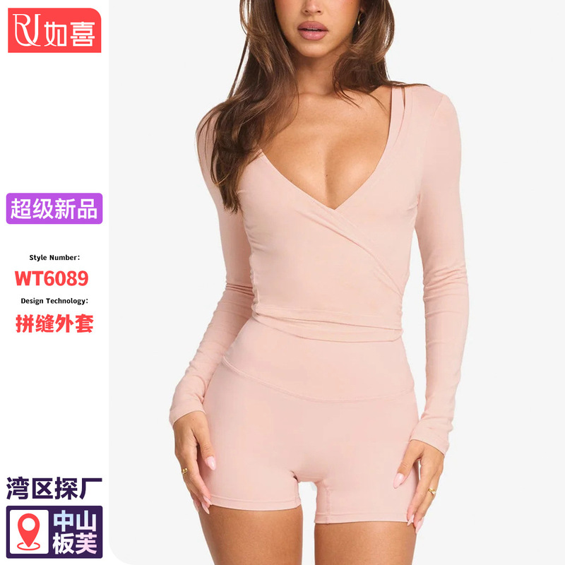 Cross-border long-sleeve yoga top for women, front-cross strap yoga top, ballet style, versatile for sports and fitness