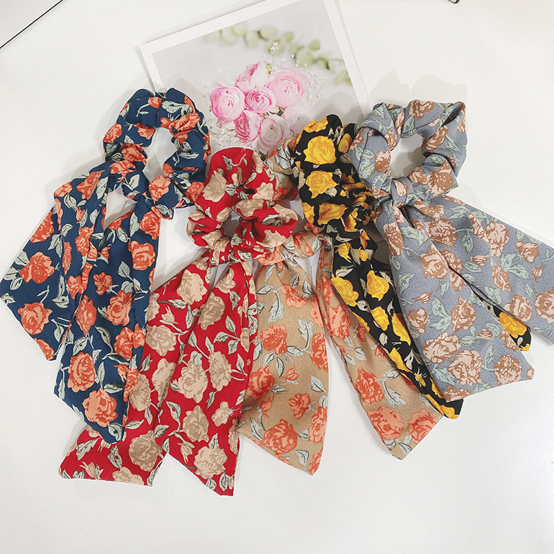 彩色碎花發繩複古大腸圈飄帶ins韓版紮頭發皮筋頭繩束發帶頭飾新