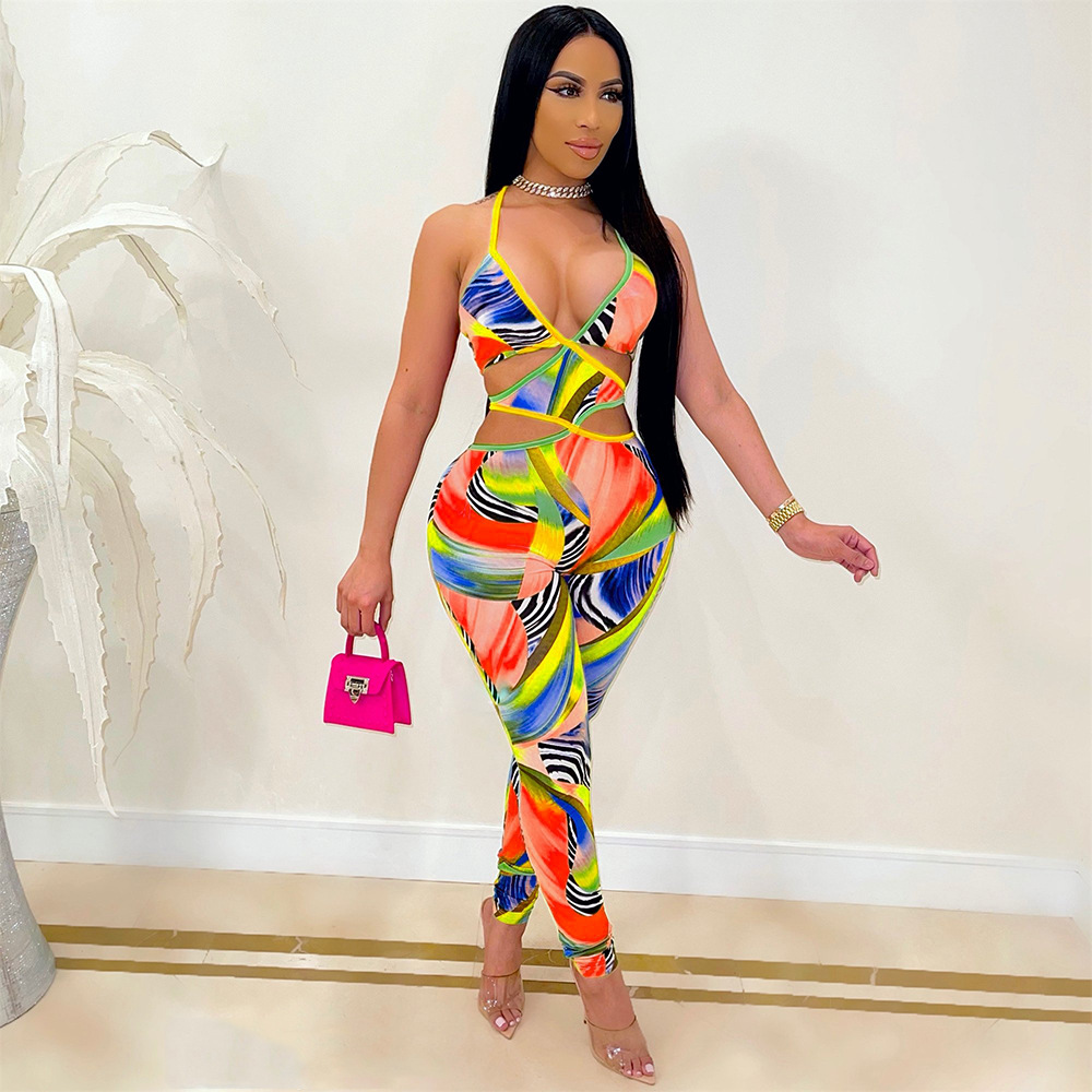 Summer Women Clothing Sexy Nightclub Digital Printing Cross Strap Jumpsuit