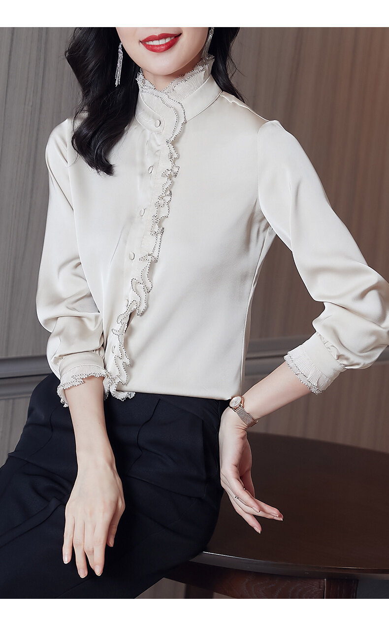 Satin chiffon stand-up collar, black ear-trimmed shirt for women, long-sleeved 2022 new Spring and autumn style, lace pic 23