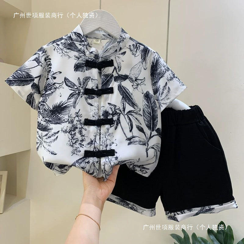 Летний костюм для мальчиков Hanfu 2025, новый китайский стиль, короткий рукав, модный детский улучшенный костюм Тан, наряд для выступлений