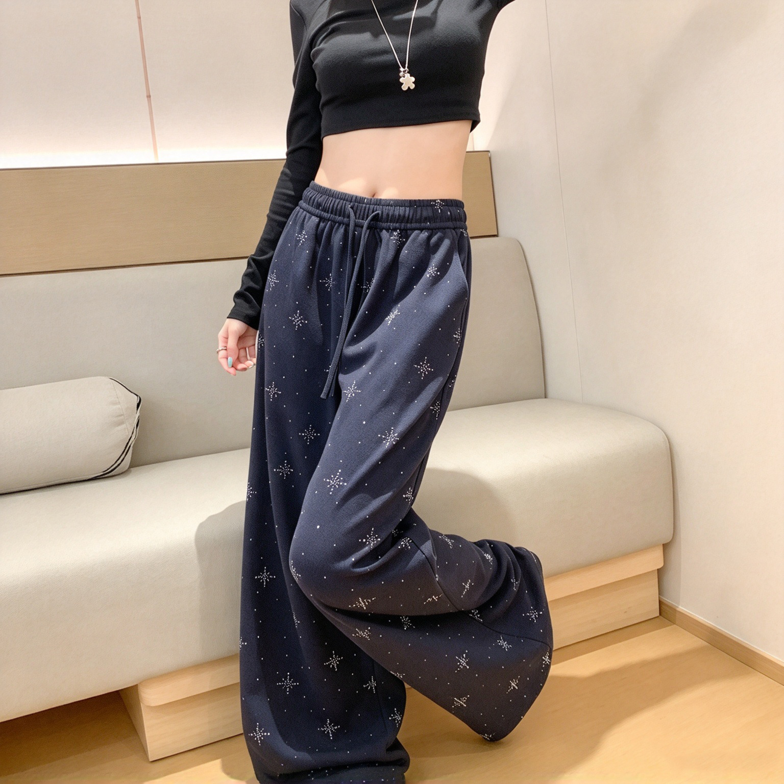 美式藏青色烫钻阔腿裤女2026秋季新款高腰显瘦气质垂感直筒休闲裤